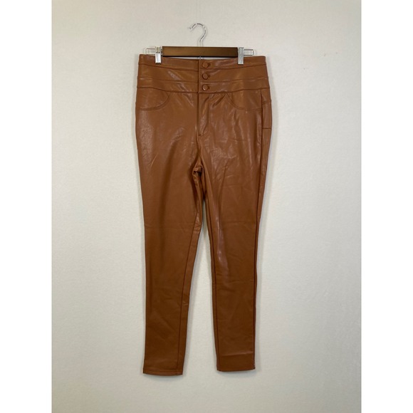 Fashion Nova Pants - Fashion Nova Cognac Faux Leather‎ High Waisted Triple Button Pants Brown L NEW